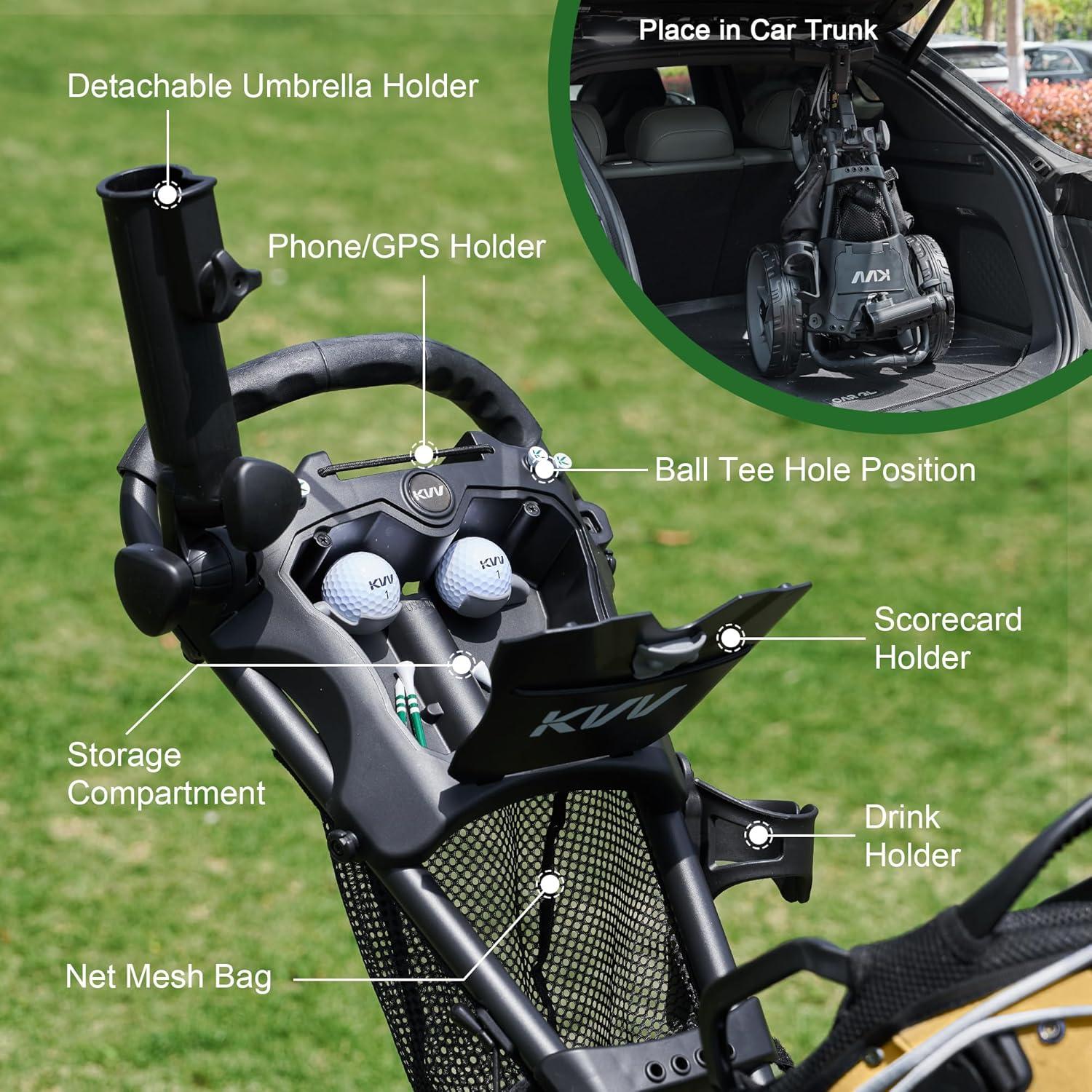 imageKVV 3 Wheel 360 Rotating Front Wheel Golf Push Cart Open and Close in ONE SecondFree Umbrella Holder IncludedBlackCharcoal