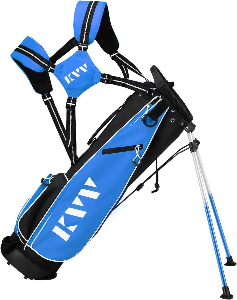 imageKVV Junior Complete Golf Club Set for KidsChildren Right Hand Includes Oversize Driver Irons Putter Head Cover Portable Golf Stand BagBlue 1113