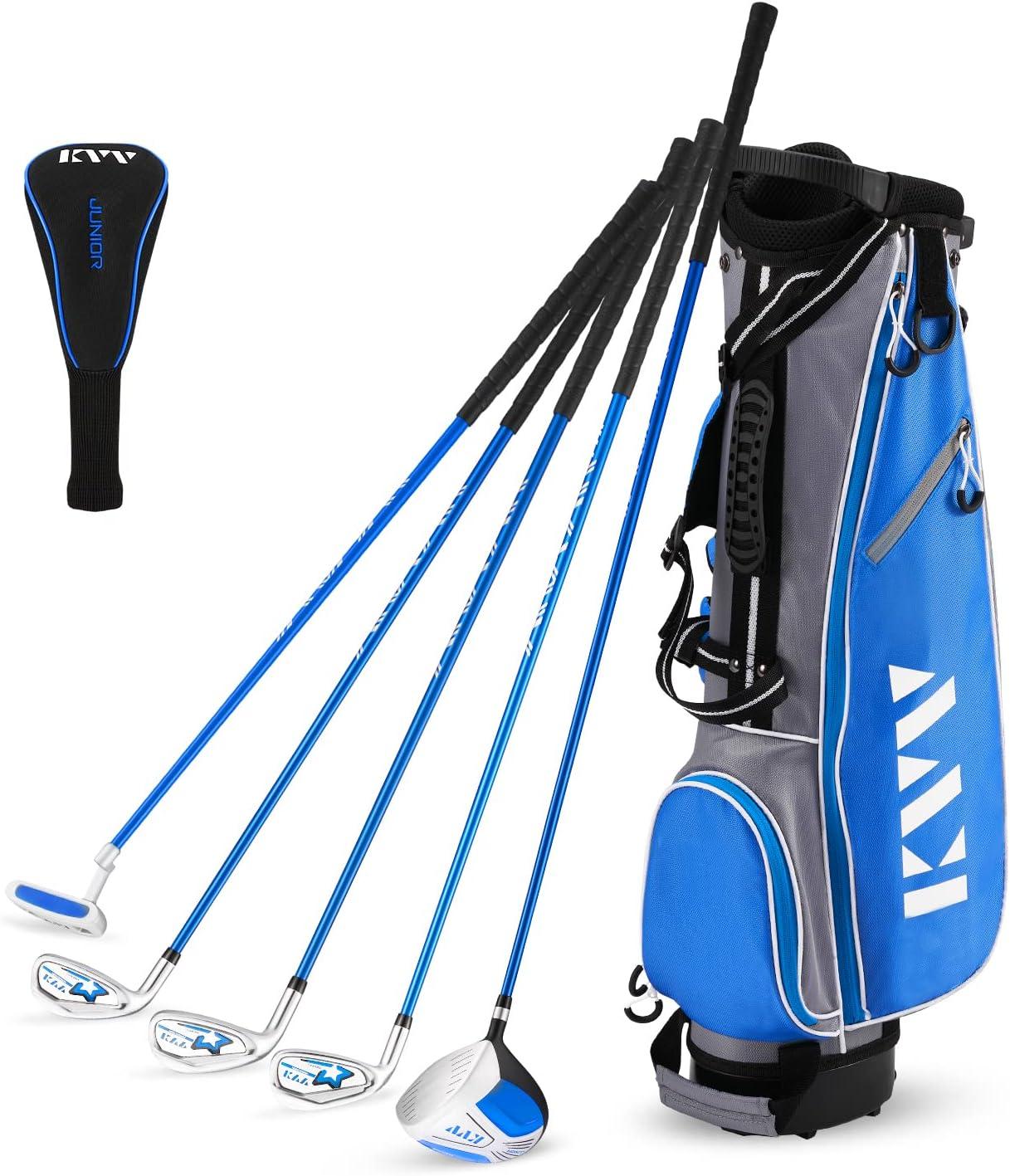 imageKVV Junior Complete Golf Club Set for KidsChildren Right Hand Includes Oversize Driver Irons Putter Head Cover Portable Golf Stand BagBlue 1113