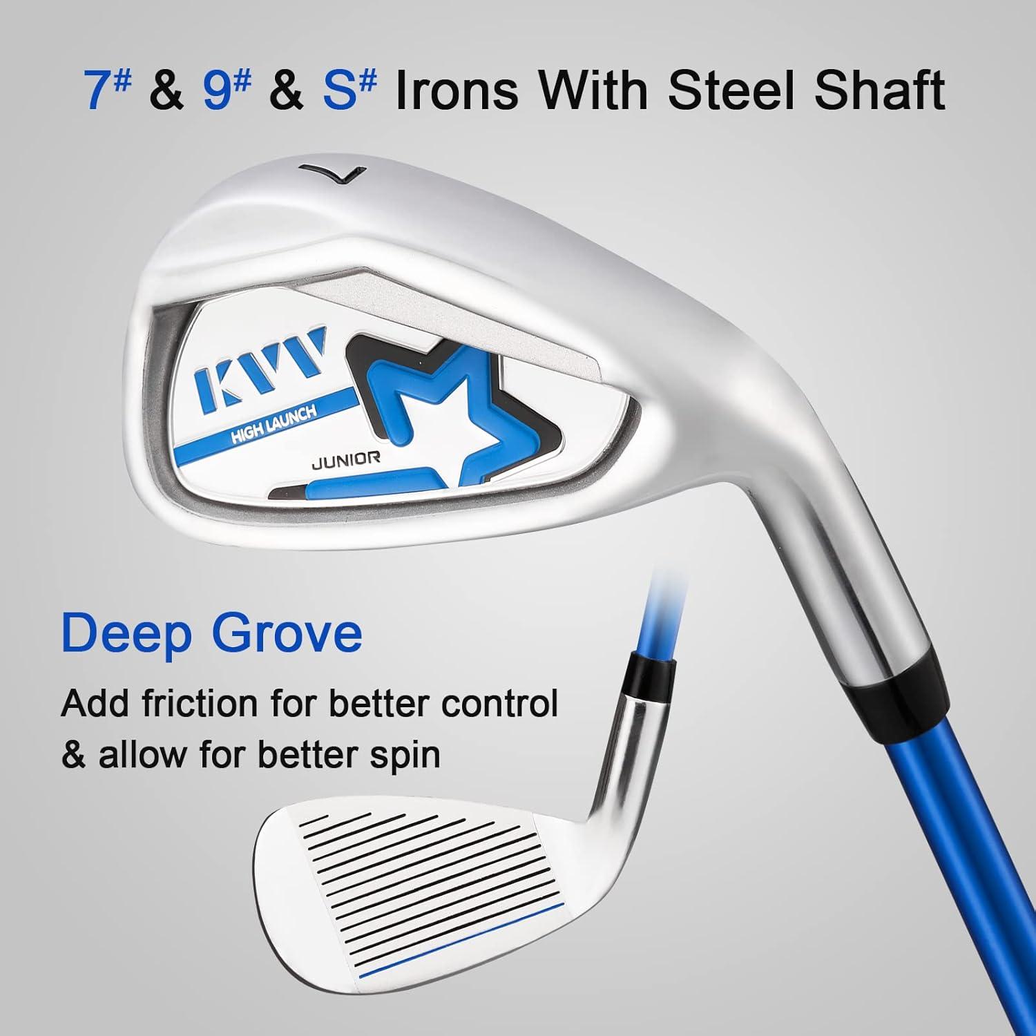 imageKVV Junior Complete Golf Club Set for KidsChildren Right Hand Includes Oversize Driver Irons Putter Head Cover Portable Golf Stand BagBlue 1113