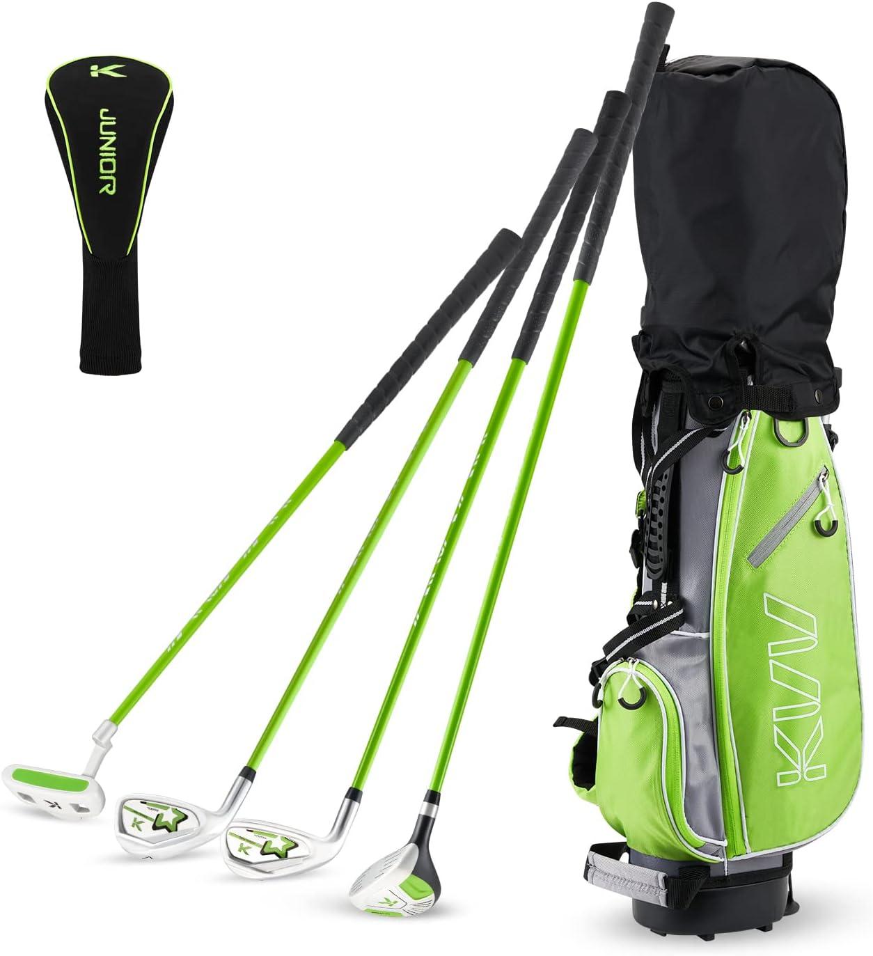 imageKVV Junior Complete Golf Club Set for KidsChildren Right Hand Includes Oversize Driver Irons Putter Head Cover Portable Golf Stand BagLime 57