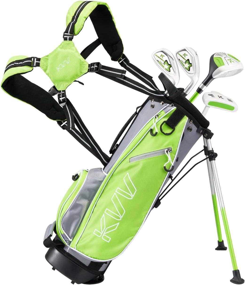 imageKVV Junior Complete Golf Club Set for KidsChildren Right Hand Includes Oversize Driver Irons Putter Head Cover Portable Golf Stand BagLime 57