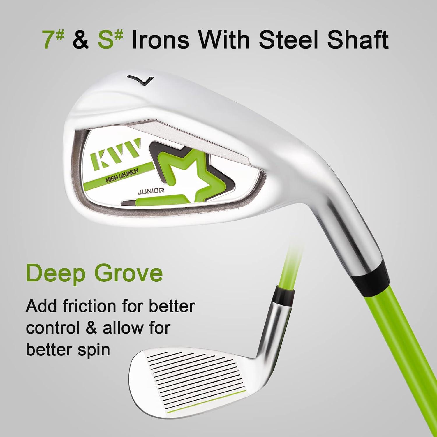 imageKVV Junior Complete Golf Club Set for KidsChildren Right Hand Includes Oversize Driver Irons Putter Head Cover Portable Golf Stand BagLime 810