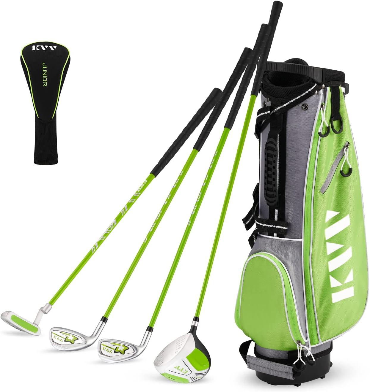 imageKVV Junior Complete Golf Club Set for KidsChildren Right Hand Includes Oversize Driver Irons Putter Head Cover Portable Golf Stand BagLime 810