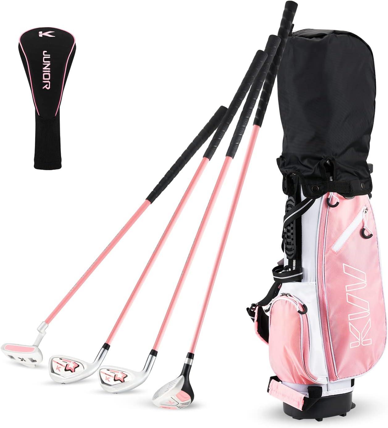 imageKVV Junior Complete Golf Club Set for KidsChildren Right Hand Includes Oversize Driver Irons Putter Head Cover Portable Golf Stand BagPink 57