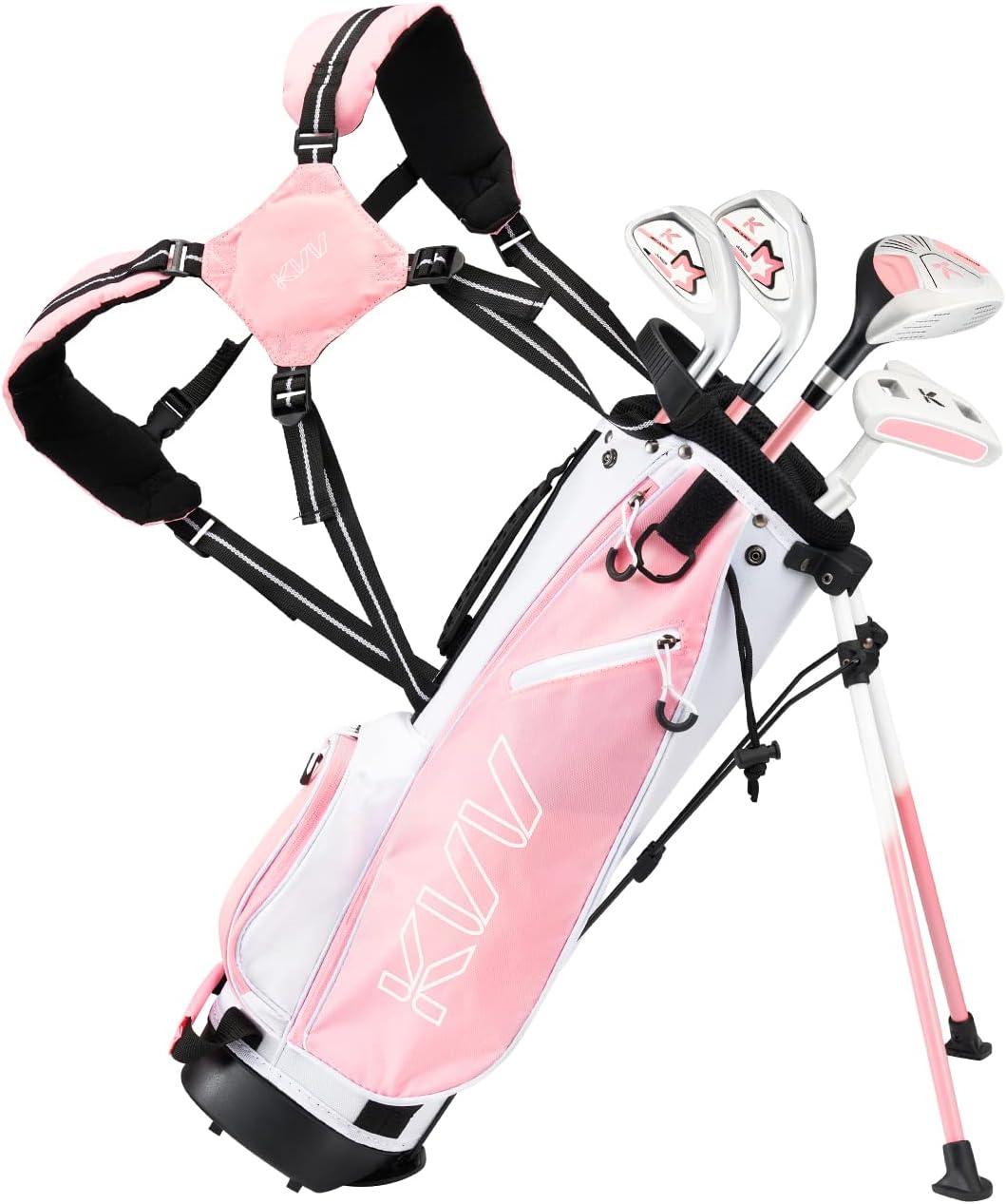 imageKVV Junior Complete Golf Club Set for KidsChildren Right Hand Includes Oversize Driver Irons Putter Head Cover Portable Golf Stand BagPink 57