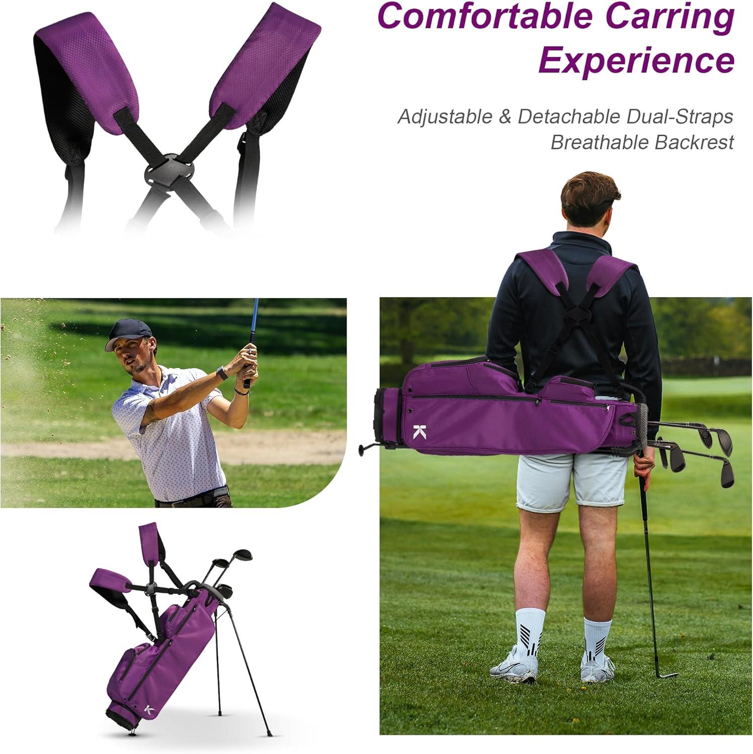 imageKVV Lightweight Pitch and Putt Golf Bag with Stand Adjustable Dual Straps Golf Stand Bag for Extra Storage in a Smaller SizeDramatic Magenta