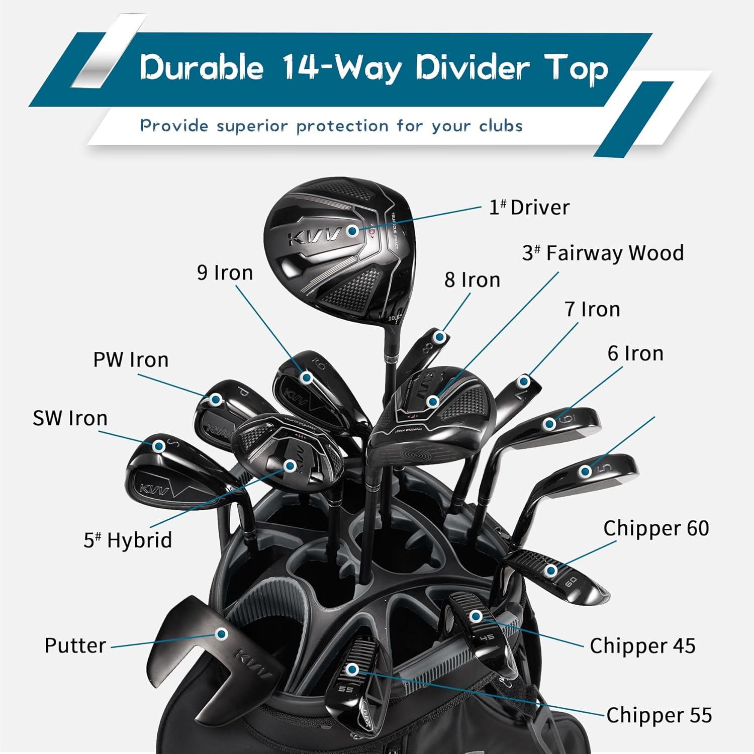 imageKVV TopModed Organizer Cart Bag Premium Silent Golf Bag with Dual Handles 14 Club Locking Slots for Men