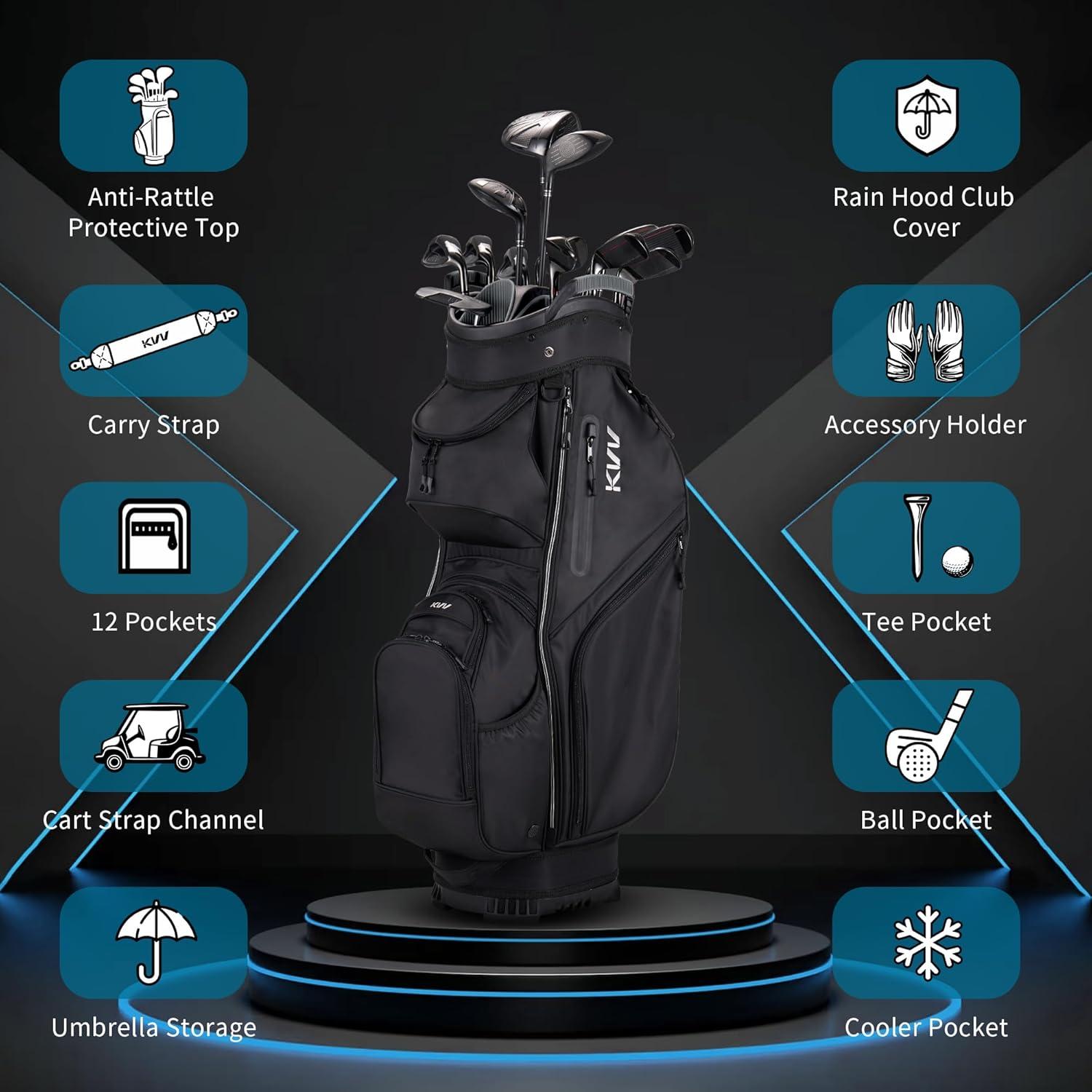 imageKVV TopModed Organizer Cart Bag Premium Silent Golf Bag with Dual Handles 14 Club Locking Slots for Men