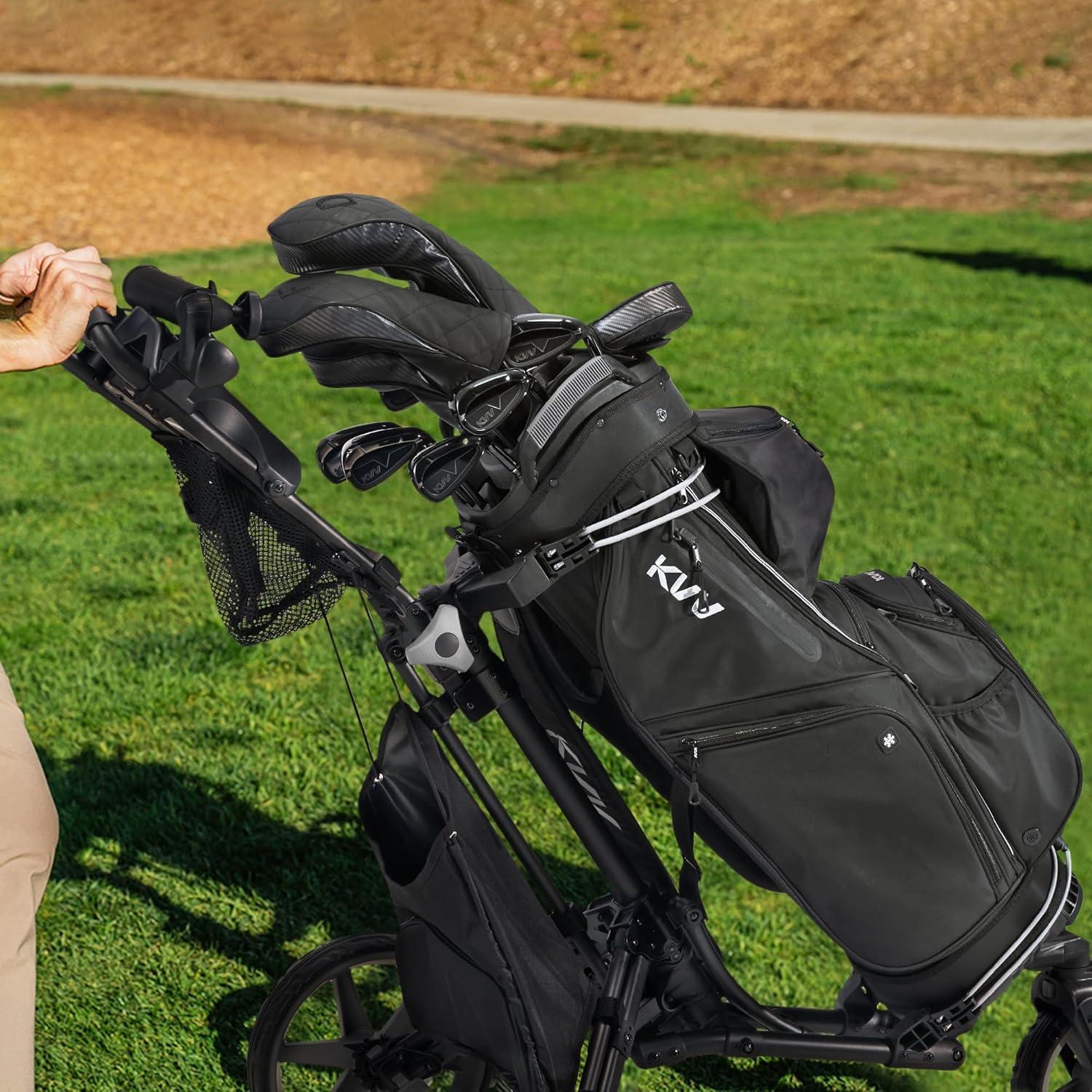 imageKVV TopModed Organizer Cart Bag Premium Silent Golf Bag with Dual Handles 14 Club Locking Slots for Men