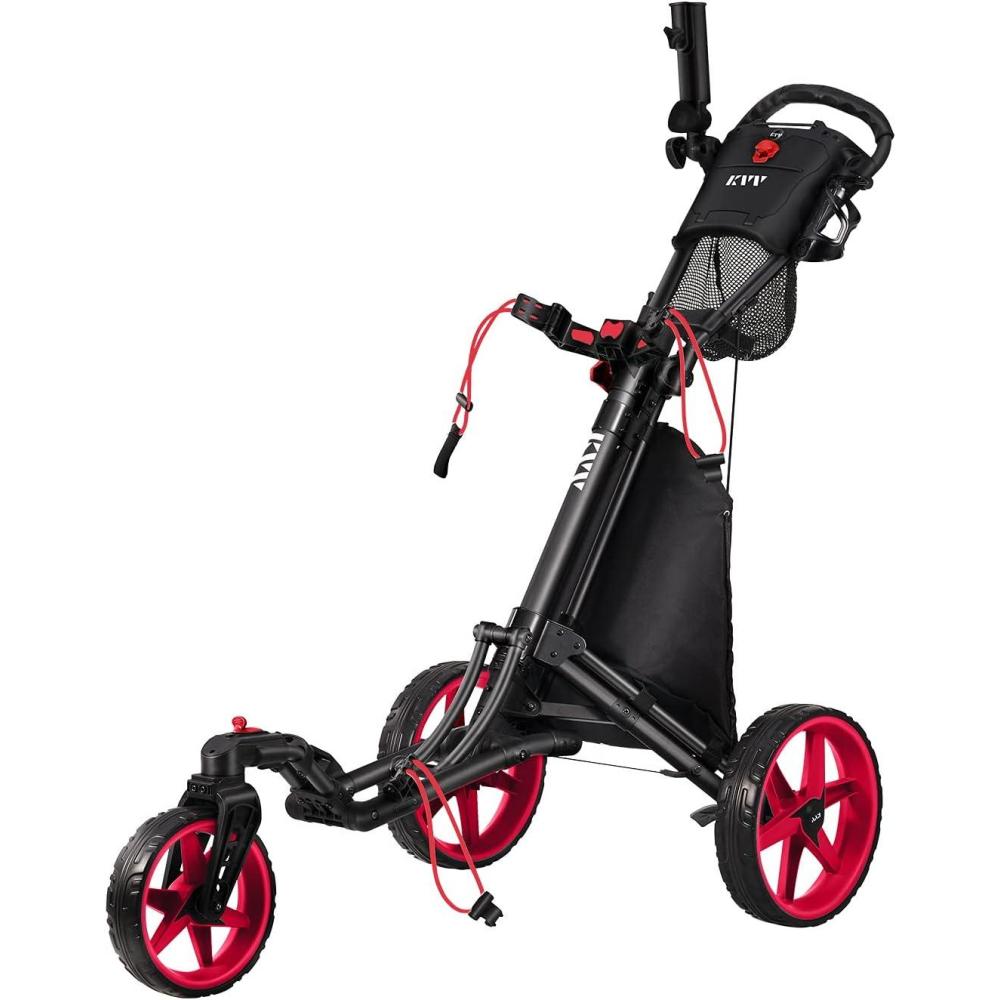 imageKVV 3 Wheel 360 Rotating Front Wheel Golf Push Cart Open and Close in ONE SecondFree Umbrella Holder IncludedRedBlack