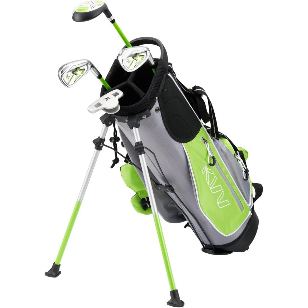 imageKVV Junior Complete Golf Club Set for KidsChildren Right Hand Includes Oversize Driver Irons Putter Head Cover Portable Golf Stand BagLime 57