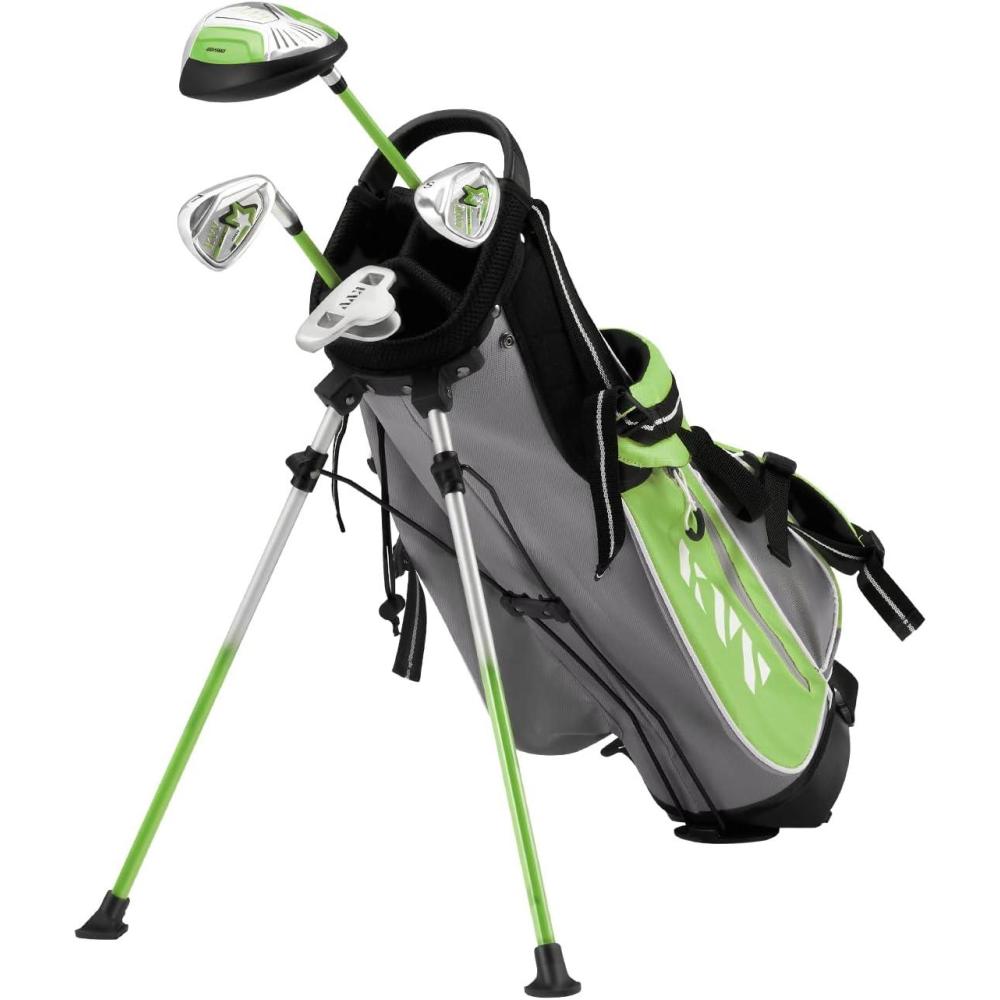 imageKVV Junior Complete Golf Club Set for KidsChildren Right Hand Includes Oversize Driver Irons Putter Head Cover Portable Golf Stand BagLime 810