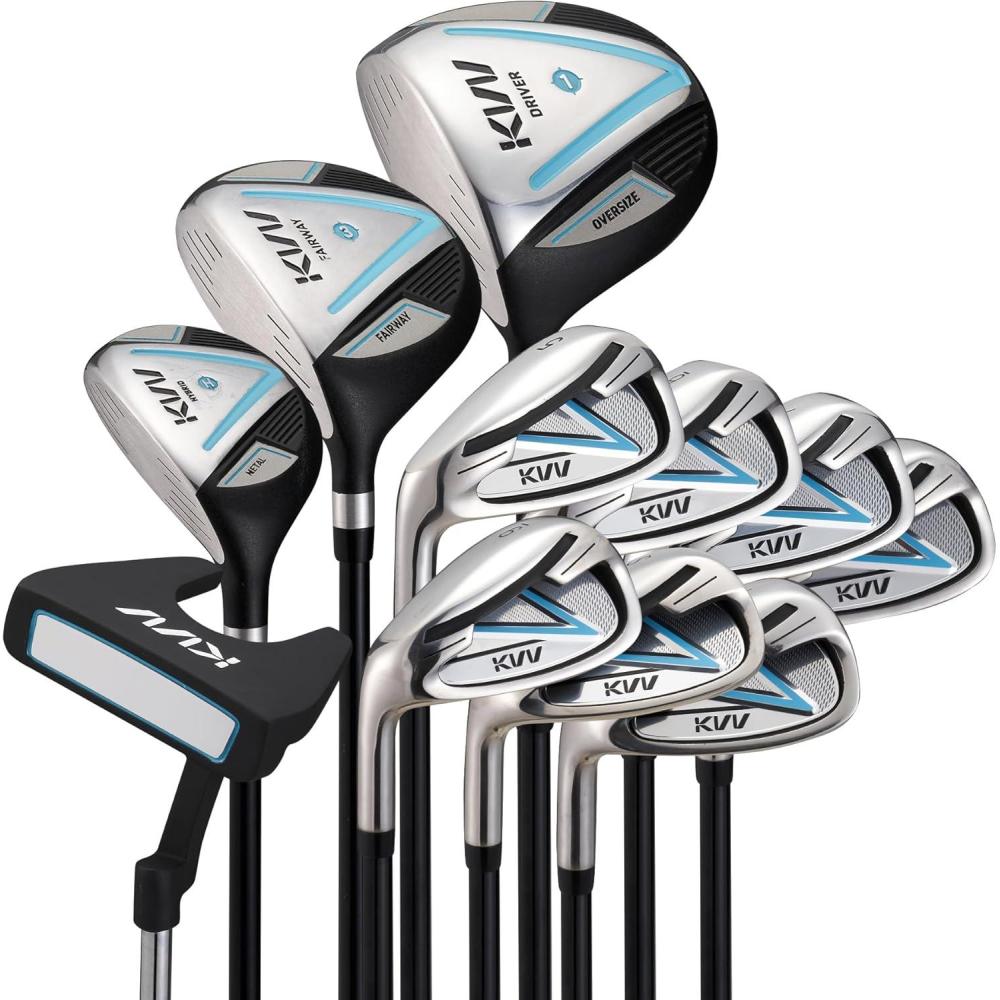 imageKVV Premium Right Hand Golf Club Set 11Piece Set for Women Including Driver Fairway Hybrid 5P Irons Putter Steel Shaft Regular Flex Golf Clubs withWithout Golf BagBlue