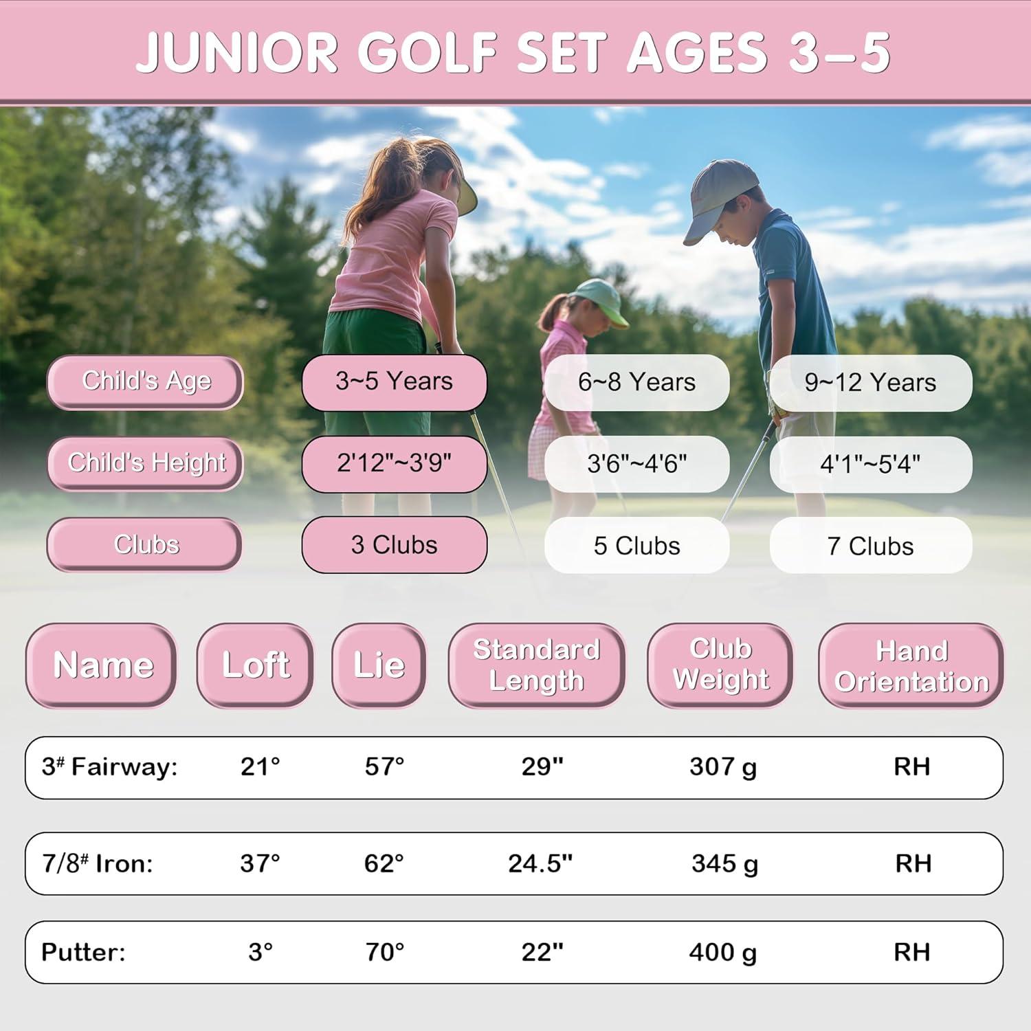 imageKVV Junior Golf Clubs Set Ages 312 Complete Kids Golf Set with Lightweight Stand Bag Driver Fairway Hybrid Irons Wedge amp Putter Right Handed for Girls amp BoysPink