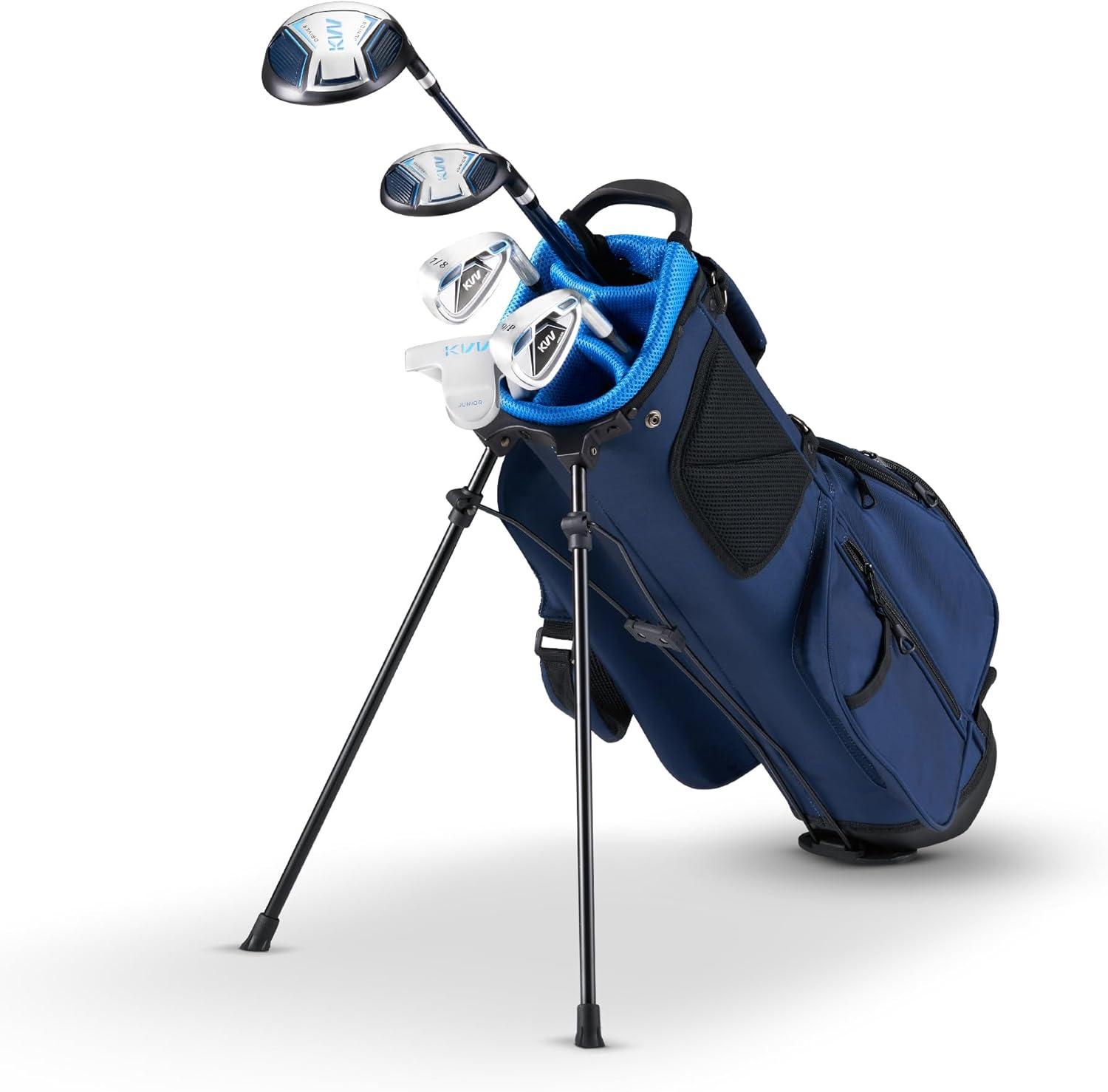 imageKVV Junior Golf Clubs Set Ages 312 Complete Kids Golf Set with Lightweight Stand Bag Driver Fairway Hybrid Irons Wedge amp Putter Right Handed for Girls amp BoysNavy