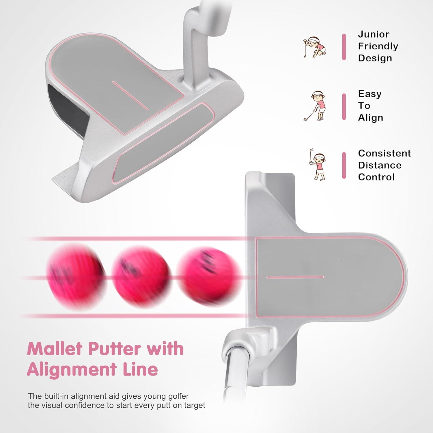 imageKVV Junior Golf Club Set for Kids Right Handed Driver Iron Putter White and Pink Ages 312 Perfect for Young GolfersAges35 Pink