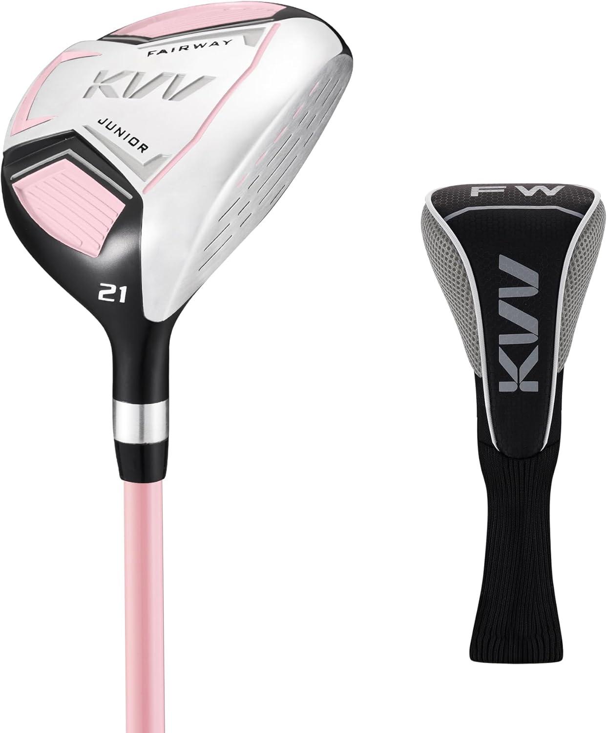 imageKVV Junior Golf Club Set for Kids Right Handed Driver Iron Putter White and Pink Ages 312 Perfect for Young GolfersAges35 Pink