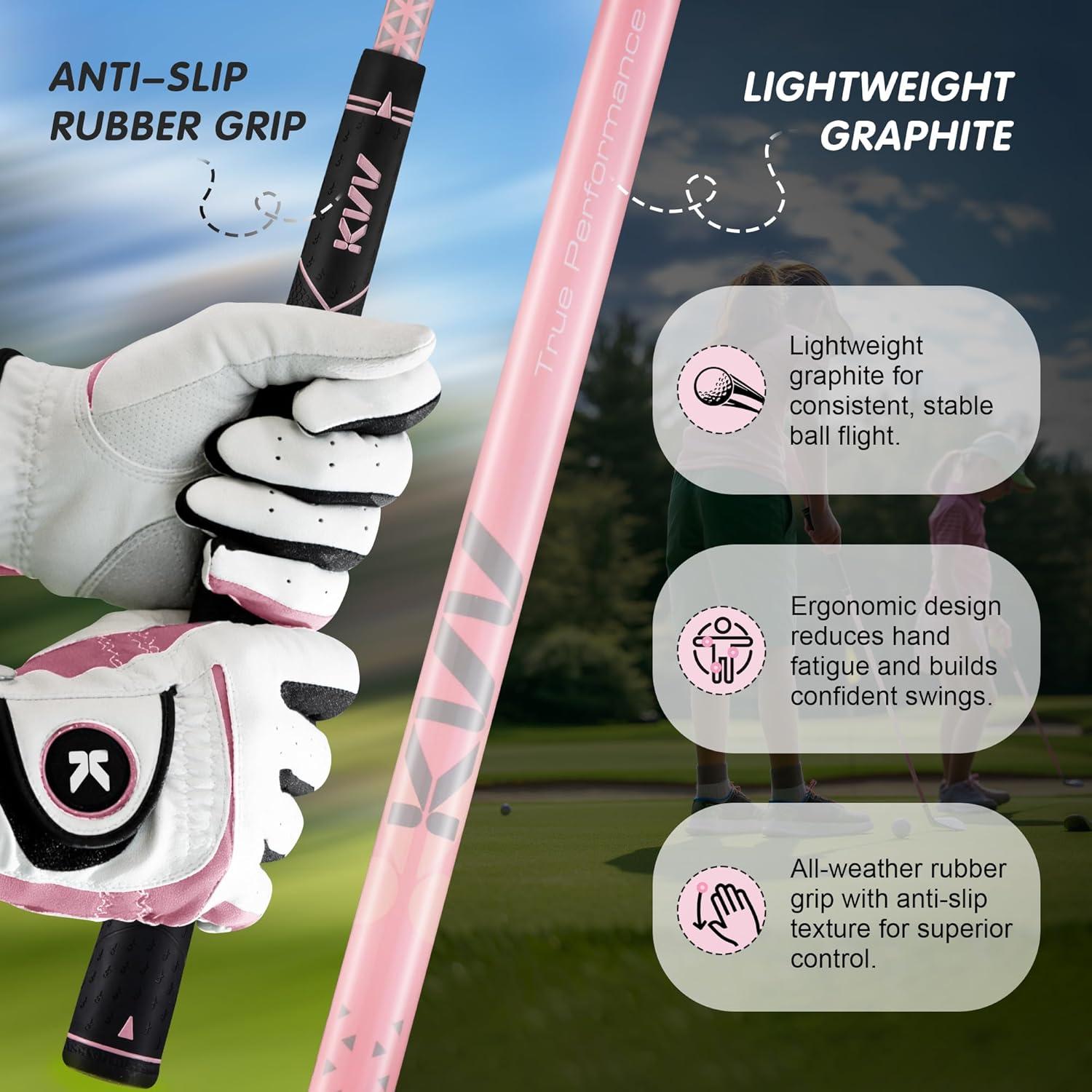 imageKVV Junior Golf Club Set for Kids Right Handed Driver Iron Putter White and Pink Ages 312 Perfect for Young GolfersAges35 Pink