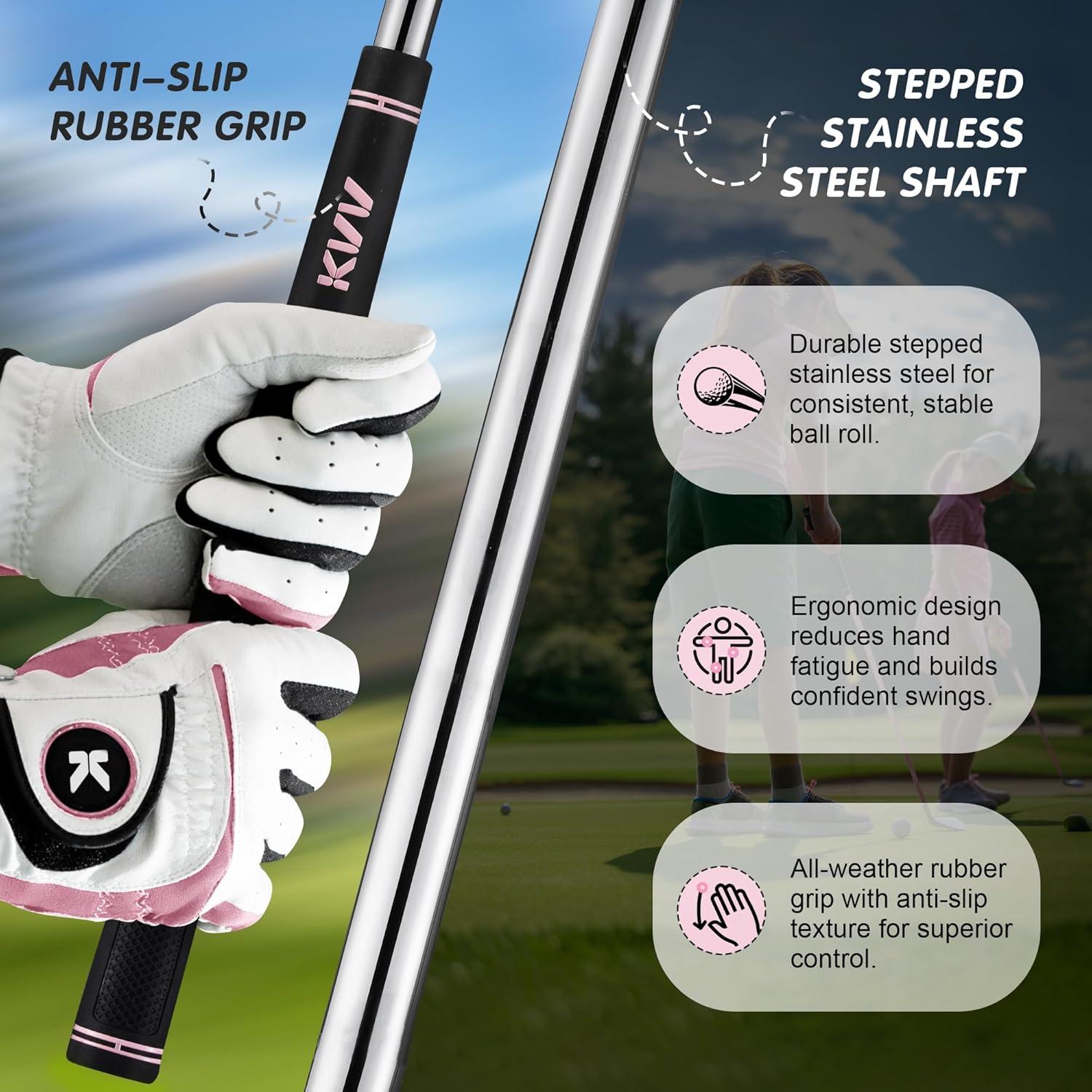 imageKVV Junior Golf Club Set for Kids Right Handed Driver Iron Putter White and Pink Ages 312 Perfect for Young GolfersAges35 Pink