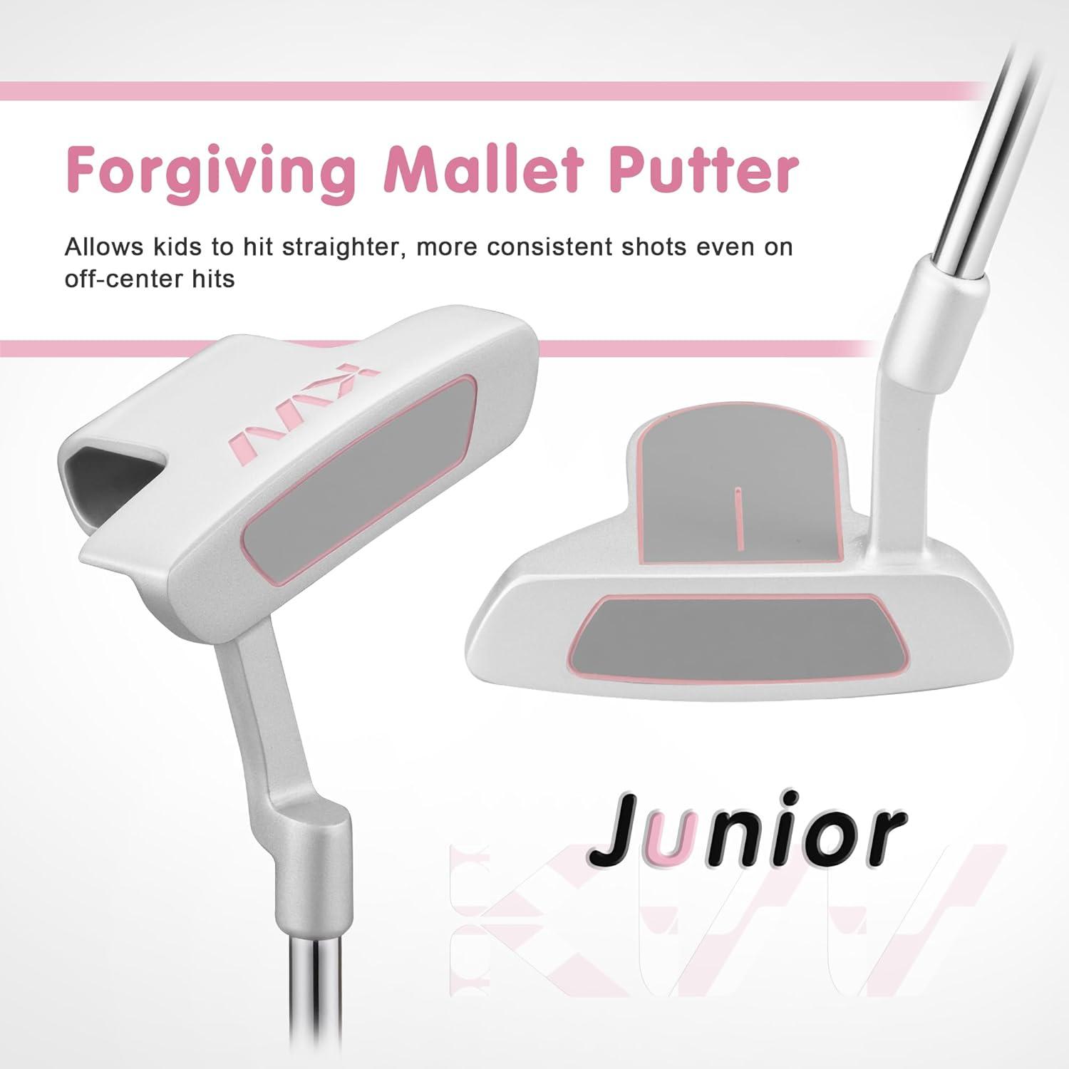 imageKVV Junior Golf Club Set for Kids Right Handed Driver Iron Putter White and Pink Ages 312 Perfect for Young GolfersAges35 Pink
