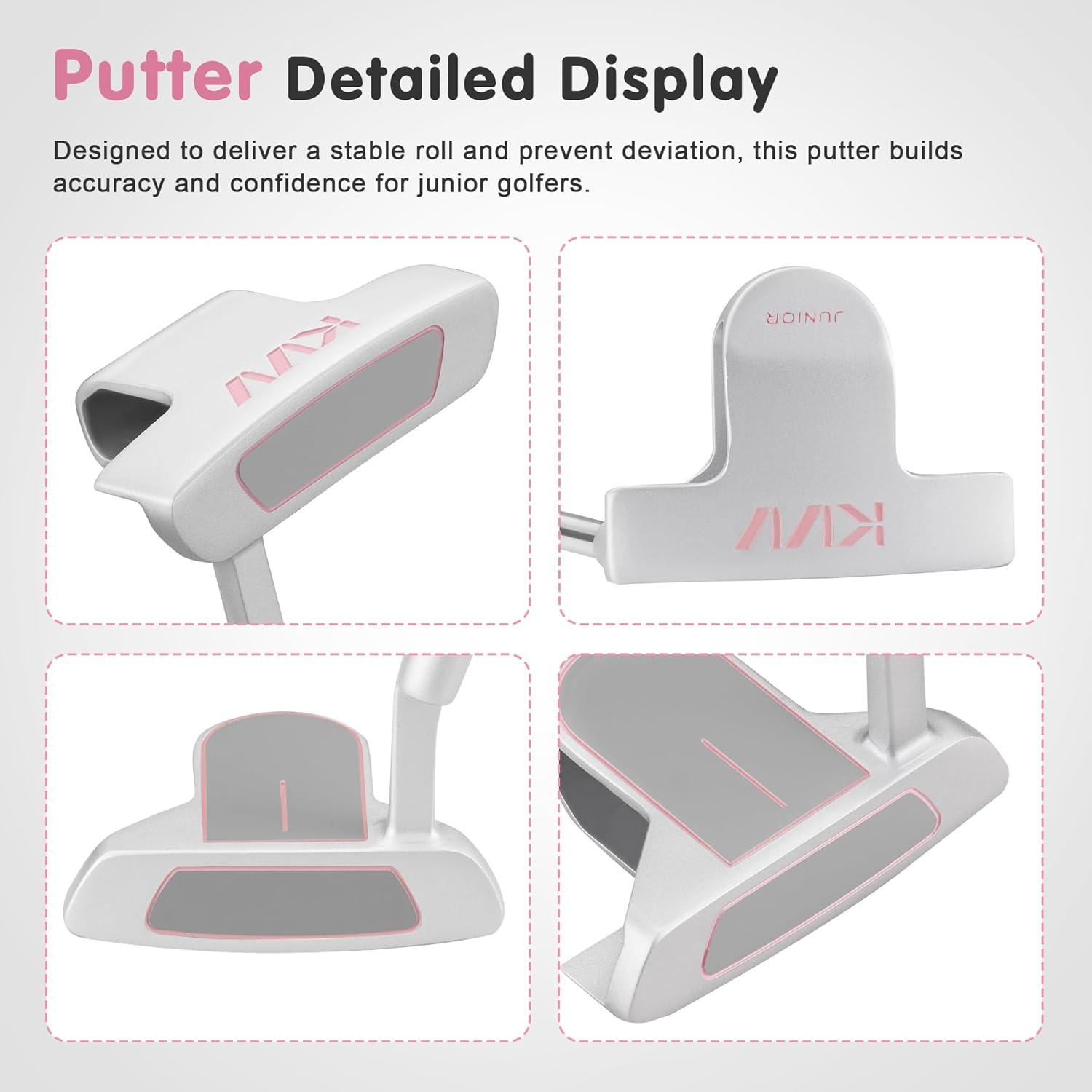 imageKVV Junior Golf Club Set for Kids Right Handed Driver Iron Putter White and Pink Ages 312 Perfect for Young GolfersAges35 Pink